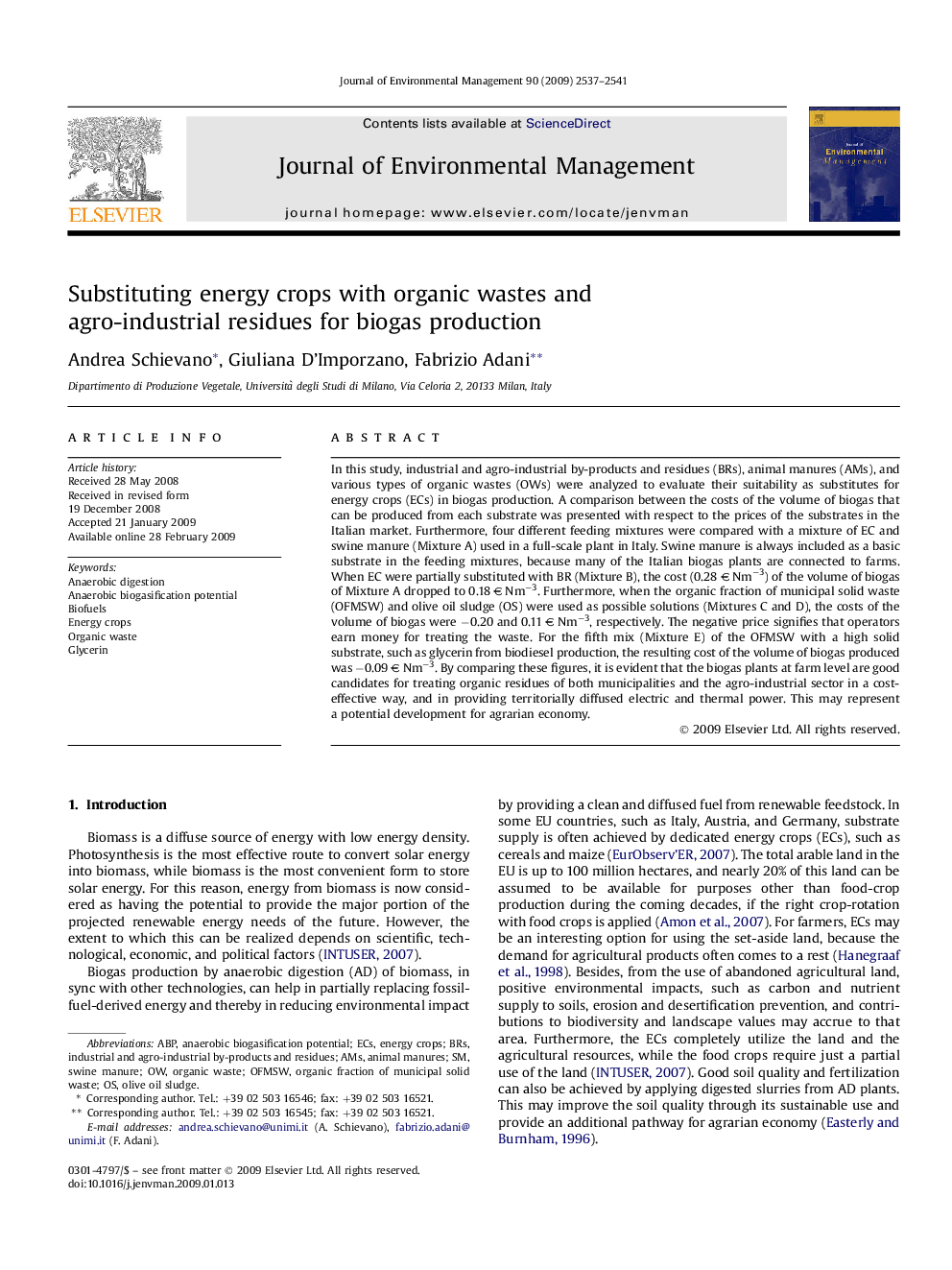 Substituting energy crops with organic wastes and agro-industrial residues for biogas production