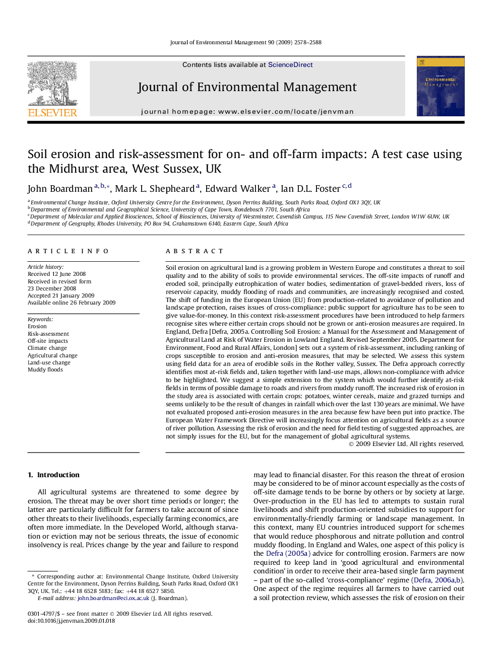 Soil erosion and risk-assessment for on- and off-farm impacts: A test case using the Midhurst area, West Sussex, UK