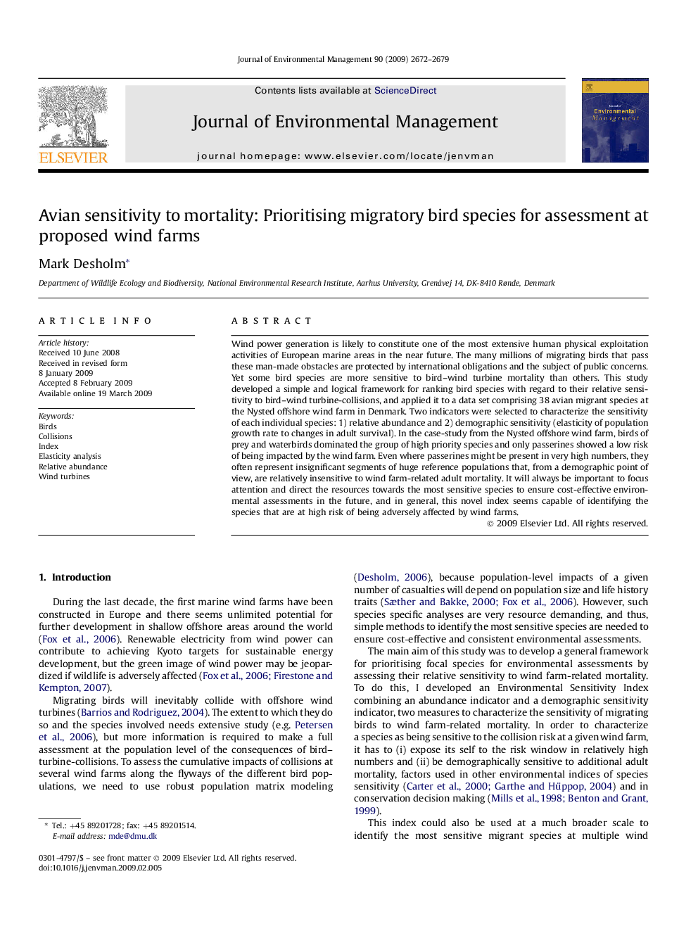 Avian sensitivity to mortality: Prioritising migratory bird species for assessment at proposed wind farms