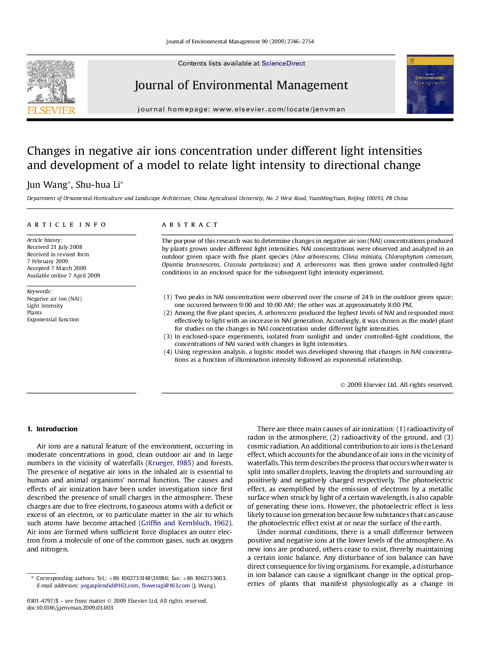 Changes in negative air ions concentration under different light intensities and development of a model to relate light intensity to directional change