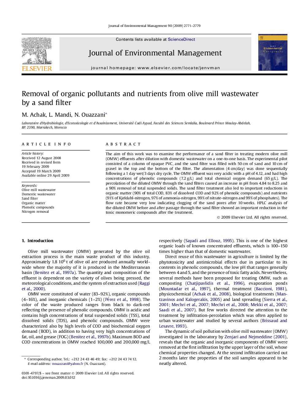 Removal of organic pollutants and nutrients from olive mill wastewater by a sand filter