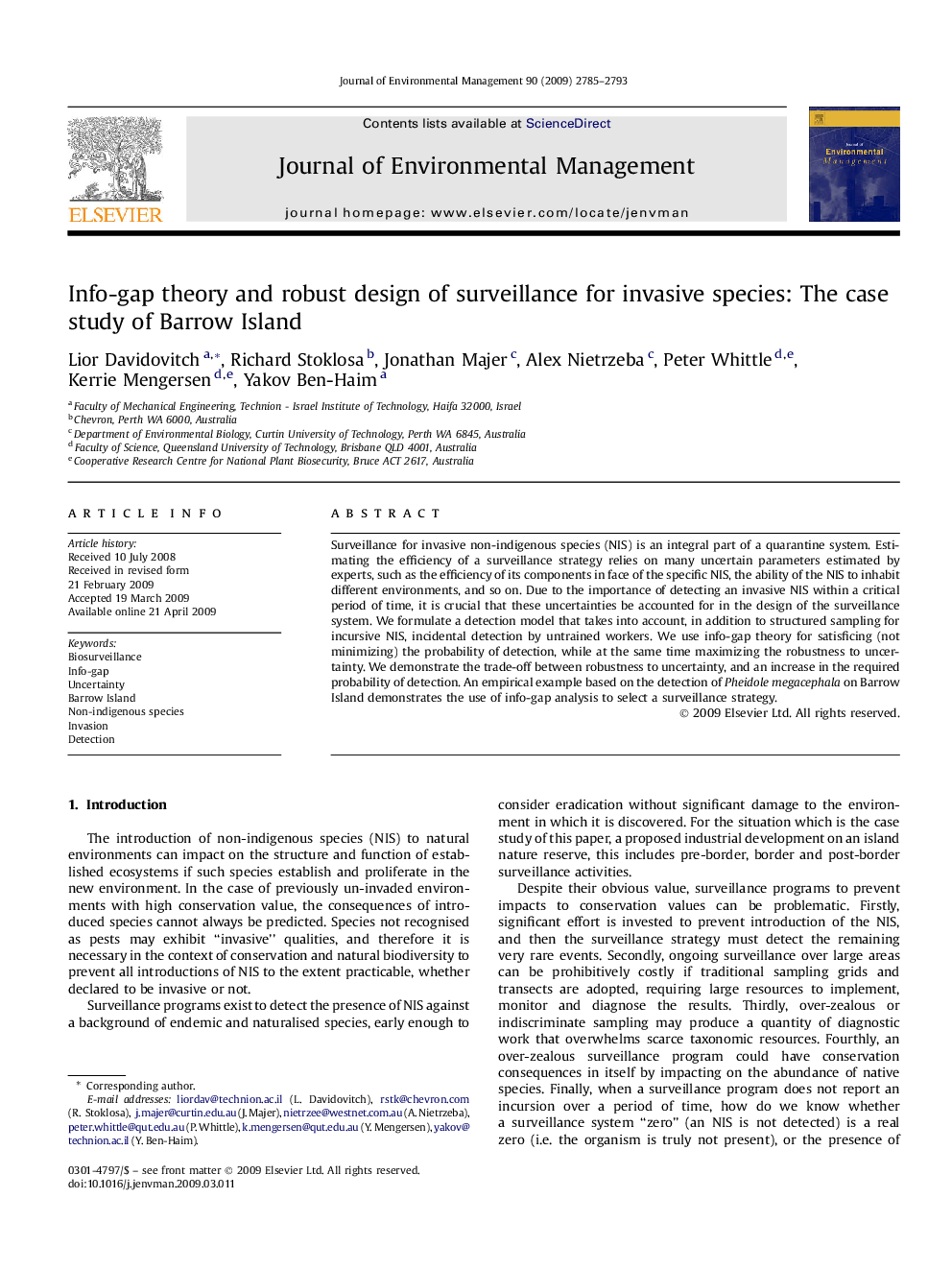 Info-gap theory and robust design of surveillance for invasive species: The case study of Barrow Island