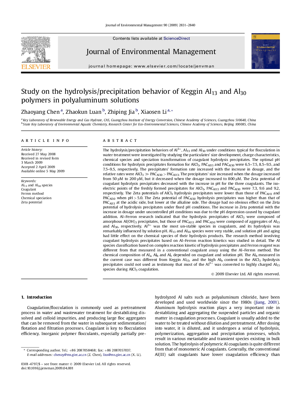 Study on the hydrolysis/precipitation behavior of Keggin Al13 and Al30 polymers in polyaluminum solutions