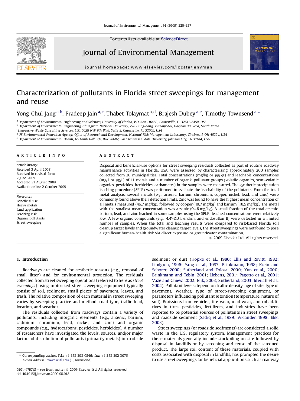 Characterization of pollutants in Florida street sweepings for management and reuse