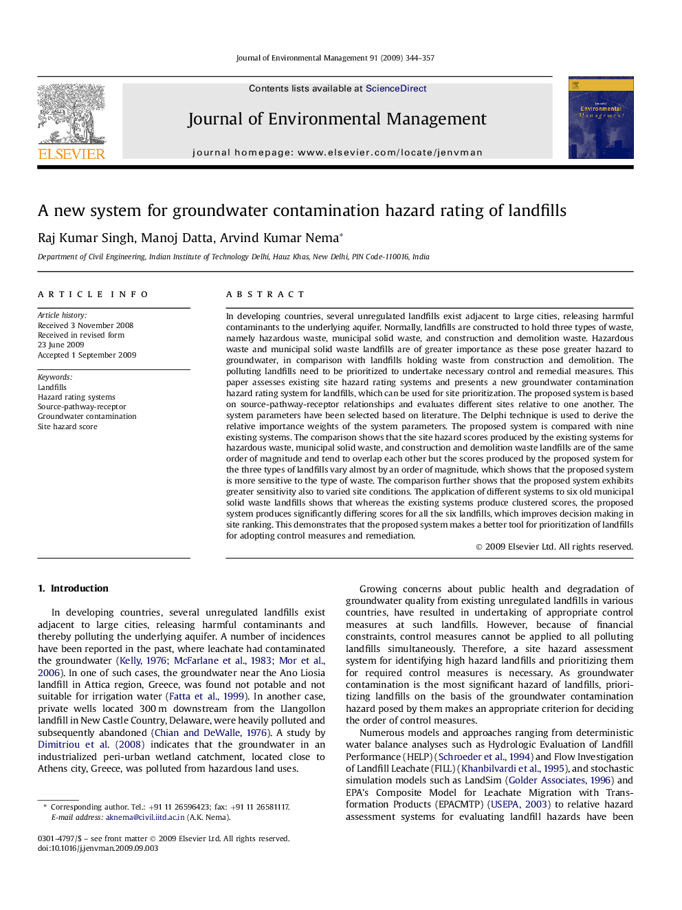 A new system for groundwater contamination hazard rating of landfills