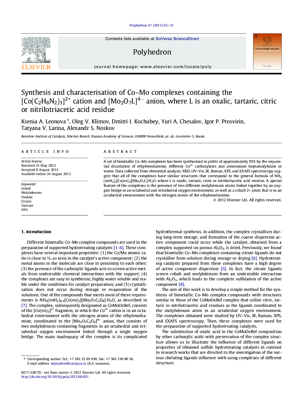 Synthesis and characterisation of Co-Mo complexes containing the [Co(C2H8N2)3]2+ cation and [Mo2O7L]4â anion, where L is an oxalic, tartaric, citric or nitrilotriacetic acid residue