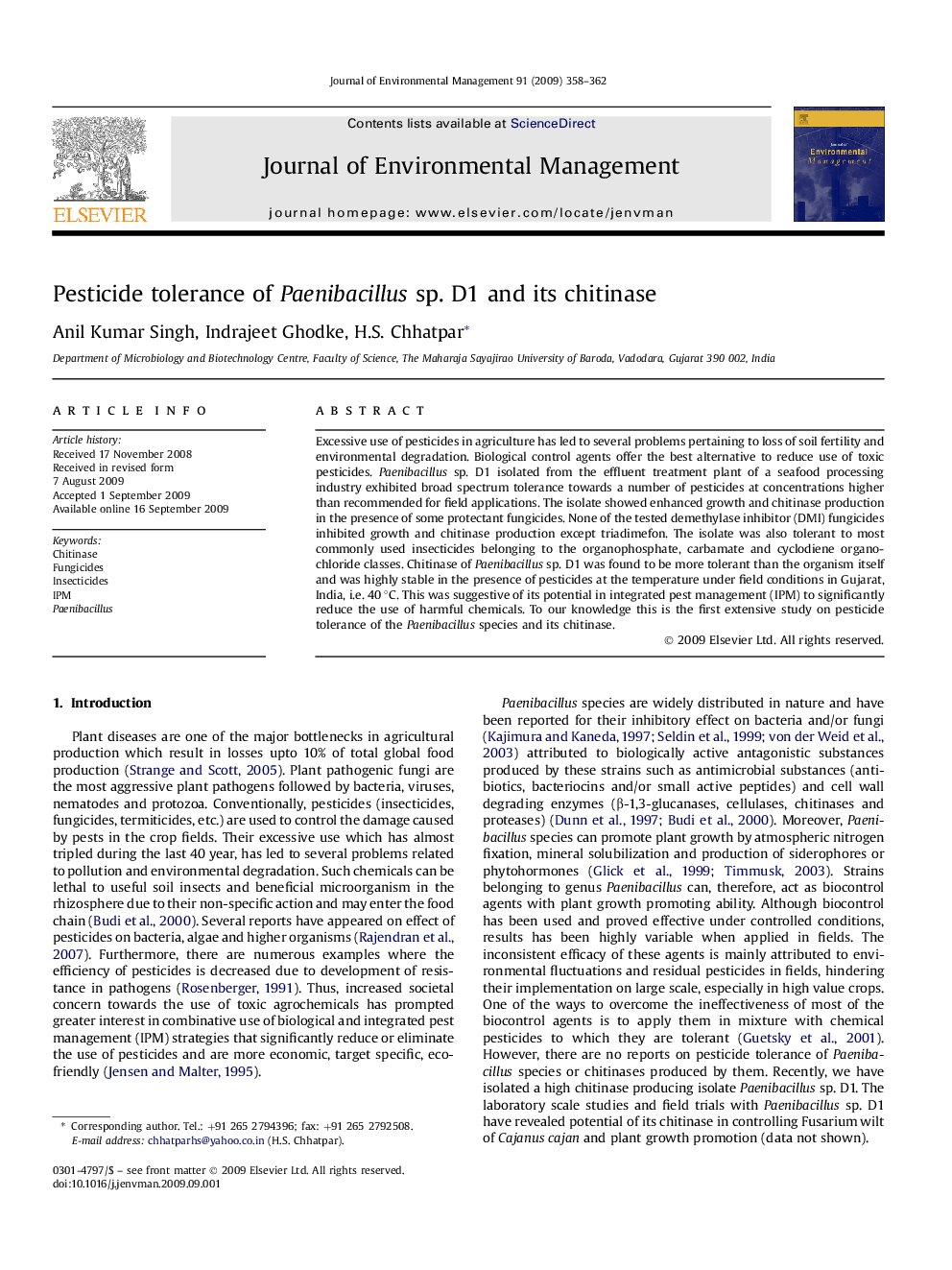 Pesticide tolerance of Paenibacillus sp. D1 and its chitinase