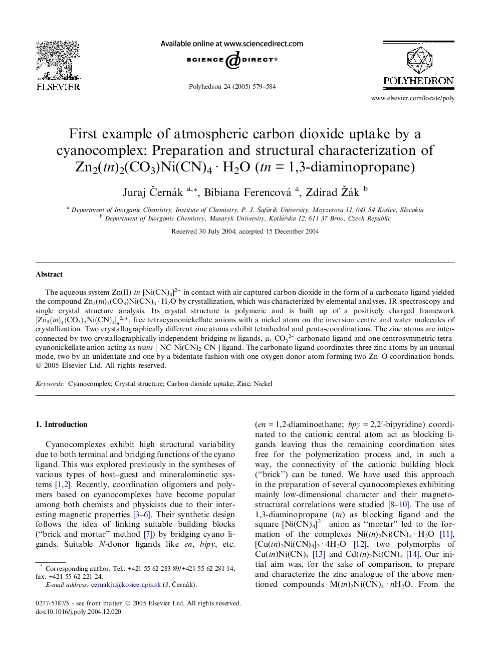 عکس صفحه اول مقاله: First example of atmospheric carbon dioxide uptake by a cyanocomplex: Preparation and structural characterization of Zn2(tn)2(CO3)Ni(CN)4 · H2O (tn = 1,3-diaminopropane) First example of atmospheric carbon dioxide uptake by a cyanocomplex: Preparation and structural characterization of Zn2(tn)2(CO3)Ni(CN)4 · H2O (tn = 1,3-diaminopropane)