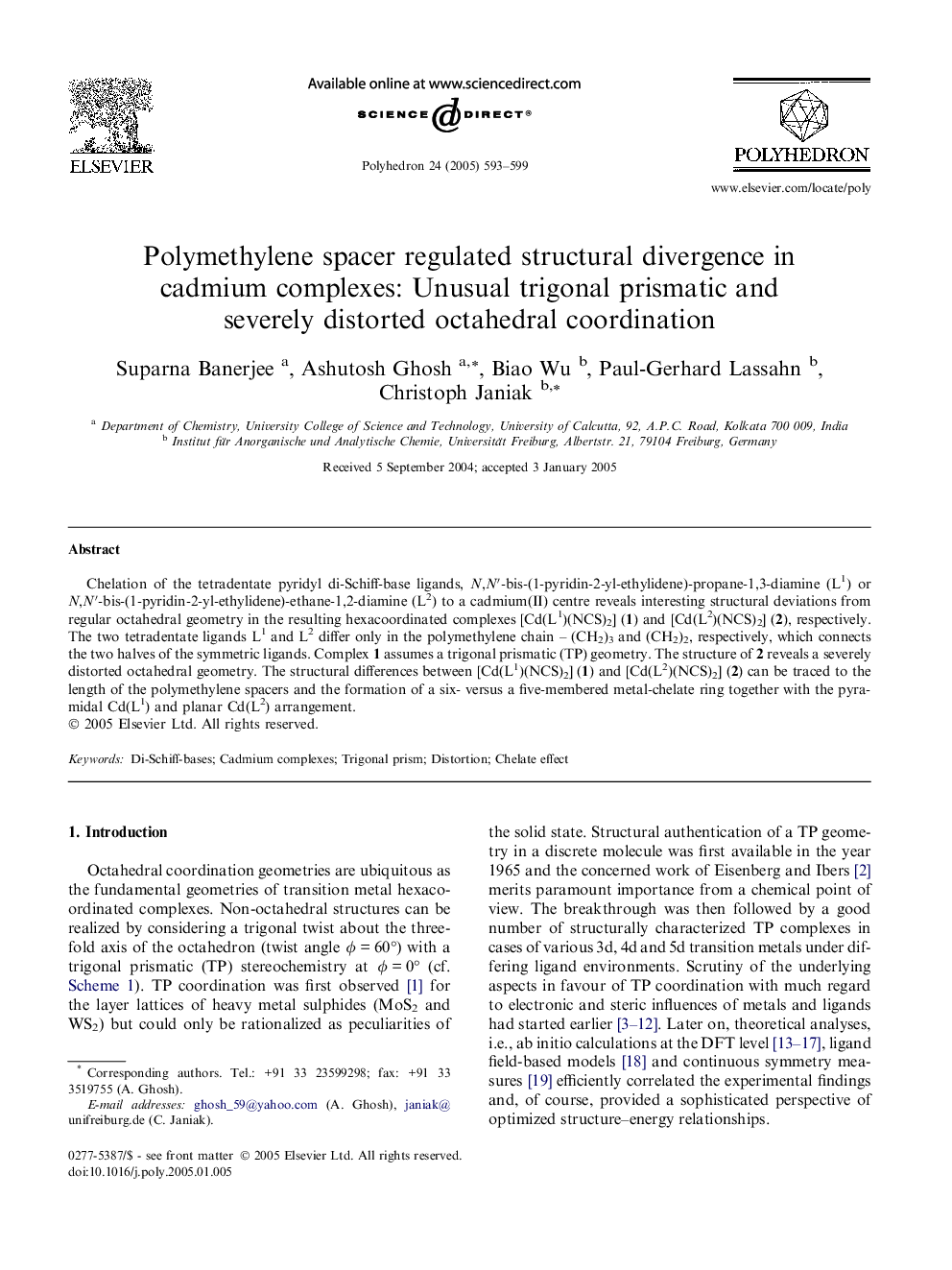 Polymethylene spacer regulated structural divergence in cadmium complexes: Unusual trigonal prismatic and severely distorted octahedral coordination