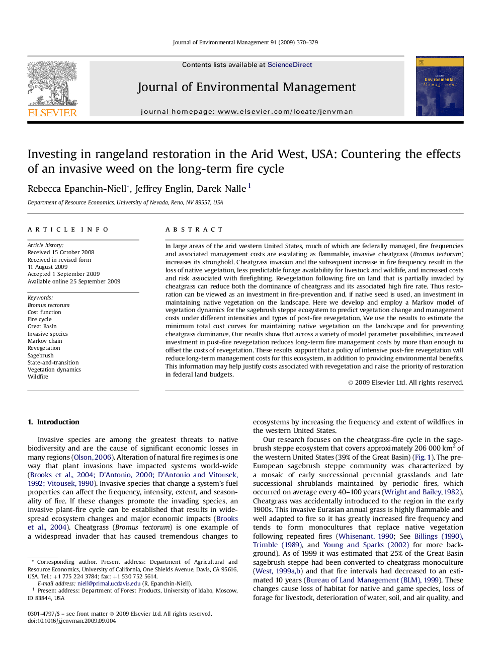 Investing in rangeland restoration in the Arid West, USA: Countering the effects of an invasive weed on the long-term fire cycle