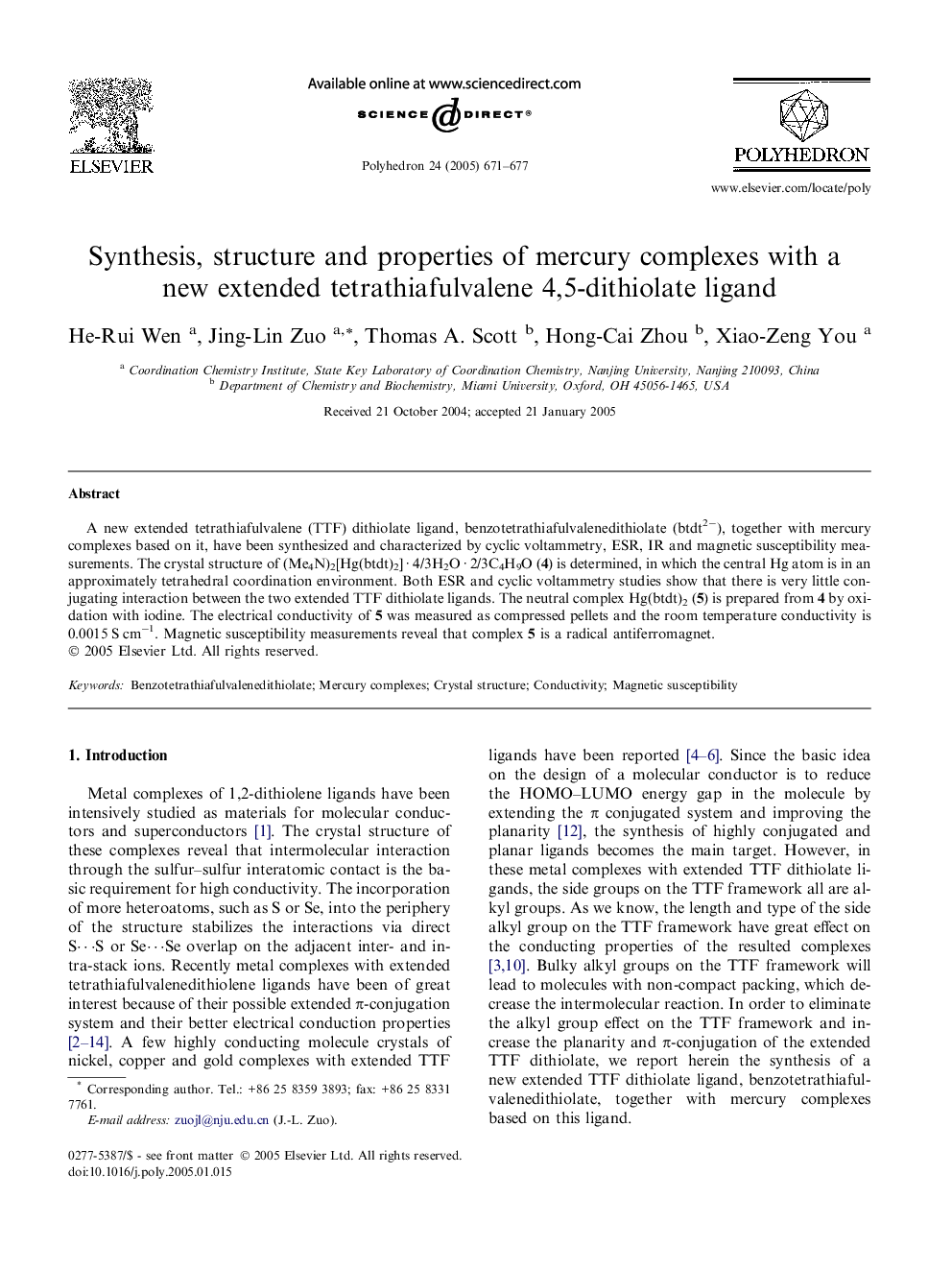 عکس صفحه اول مقاله: Synthesis, structure and properties of mercury complexes with a new extended tetrathiafulvalene 4,5-dithiolate ligand Synthesis, structure and properties of mercury complexes with a new extended tetrathiafulvalene 4,5-dithiolate ligand