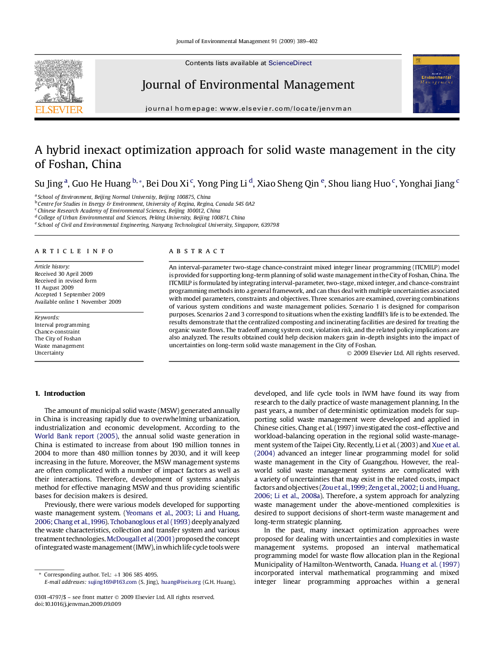 A hybrid inexact optimization approach for solid waste management in the city of Foshan, China