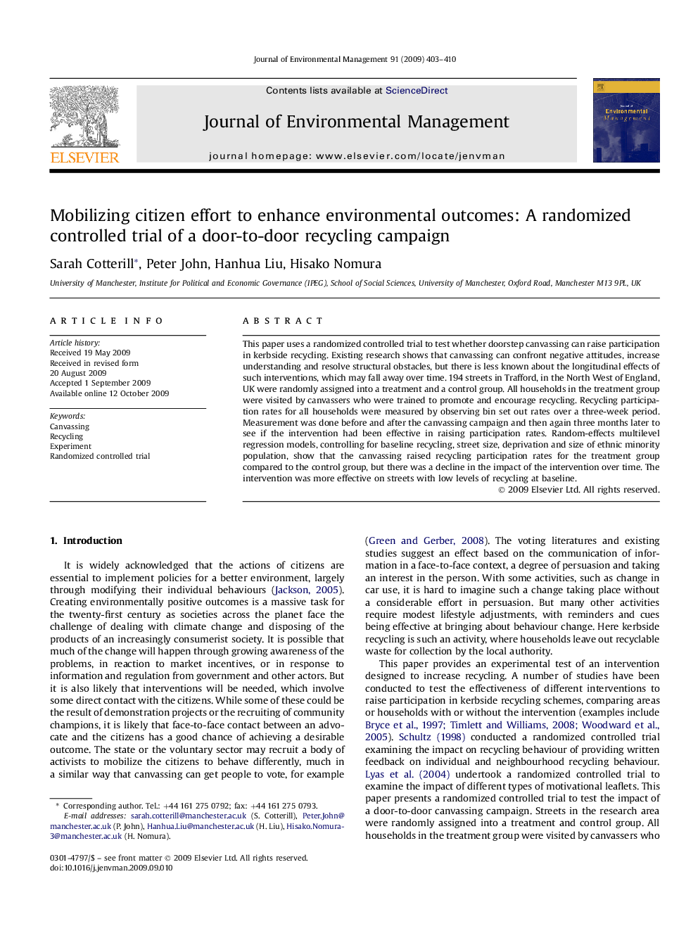 Mobilizing citizen effort to enhance environmental outcomes: A randomized controlled trial of a door-to-door recycling campaign