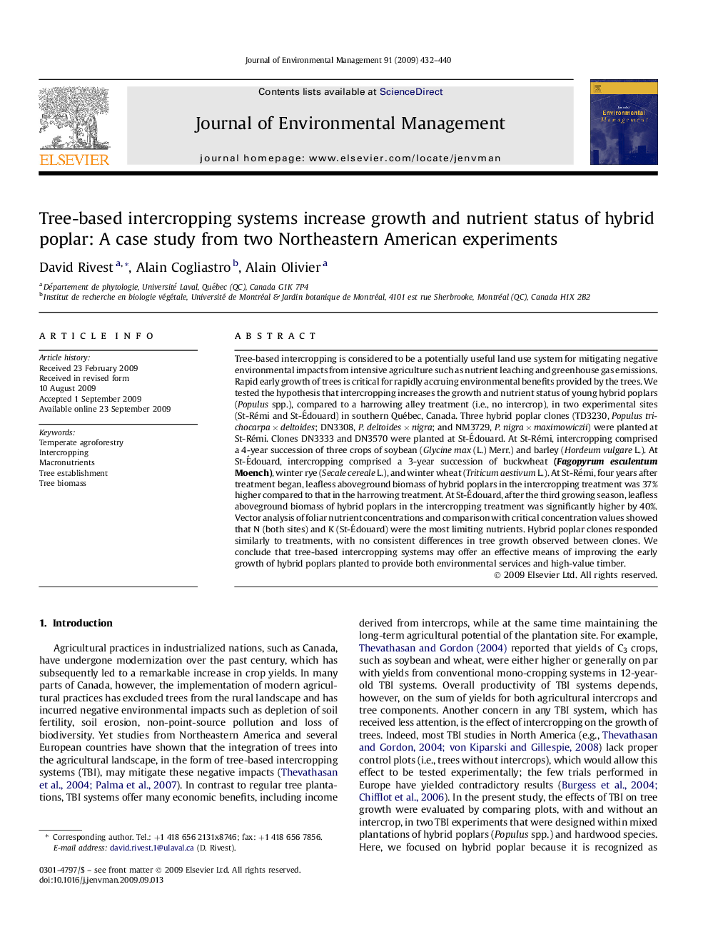 Tree-based intercropping systems increase growth and nutrient status of hybrid poplar: A case study from two Northeastern American experiments