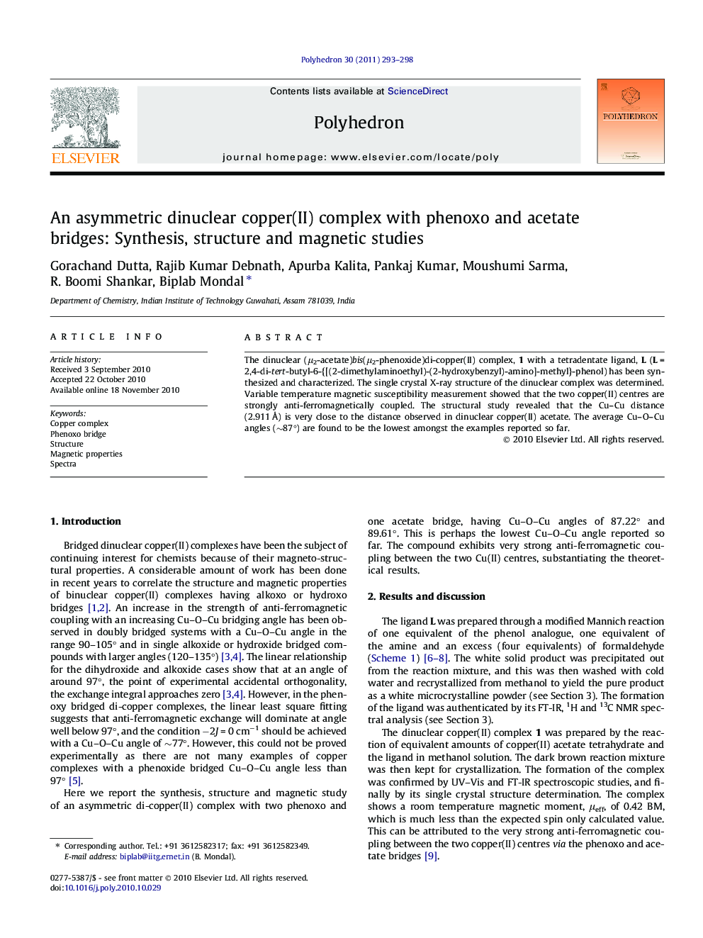 An asymmetric dinuclear copper(II) complex with phenoxo and acetate bridges: Synthesis, structure and magnetic studies