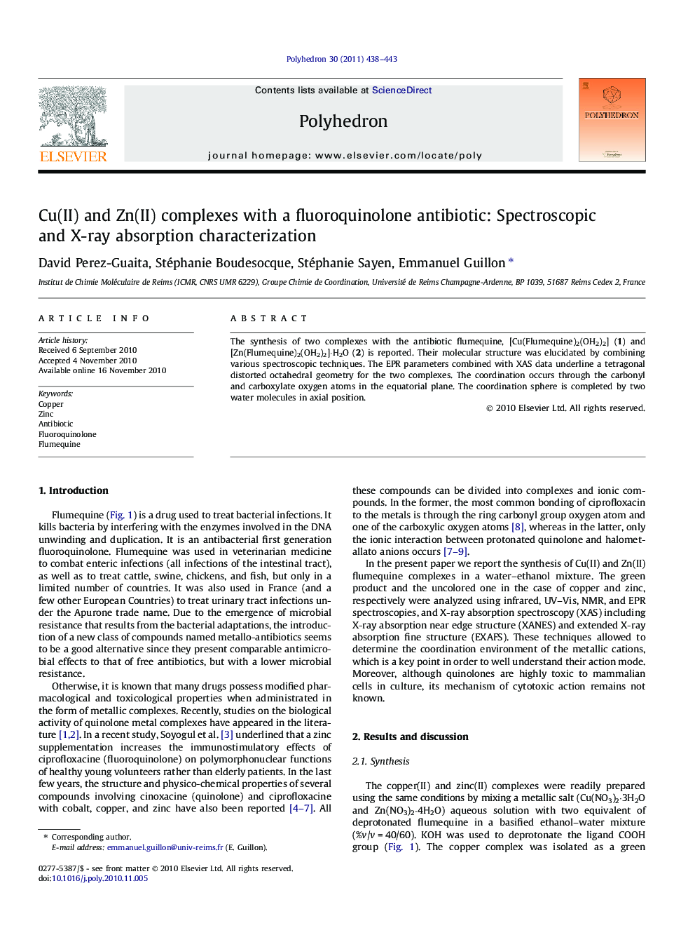 Cu(II) and Zn(II) complexes with a fluoroquinolone antibiotic: Spectroscopic and X-ray absorption characterization