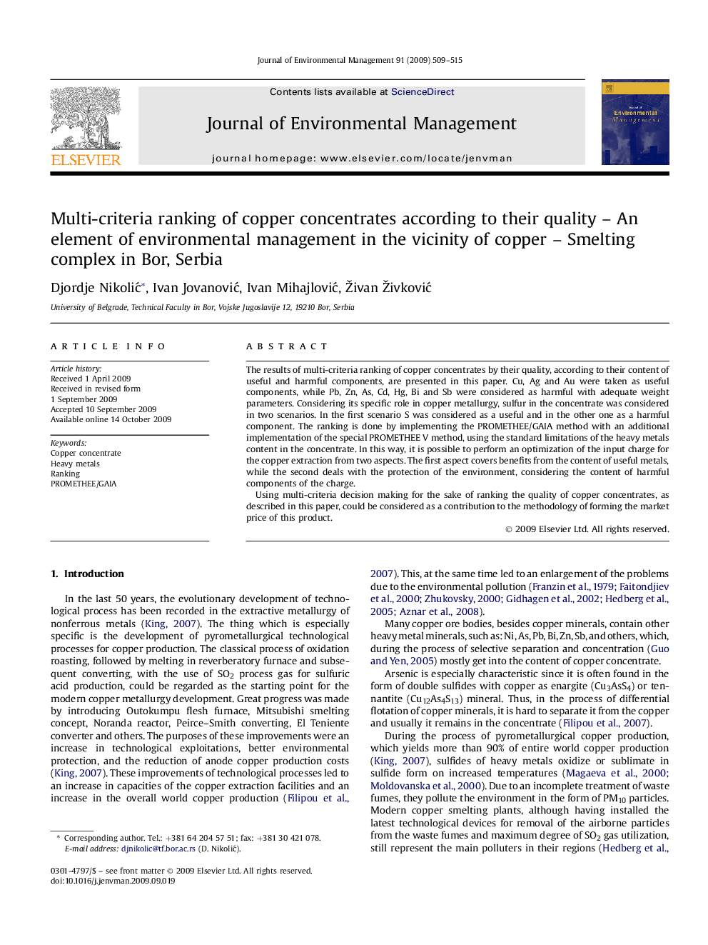 Multi-criteria ranking of copper concentrates according to their quality – An element of environmental management in the vicinity of copper – Smelting complex in Bor, Serbia