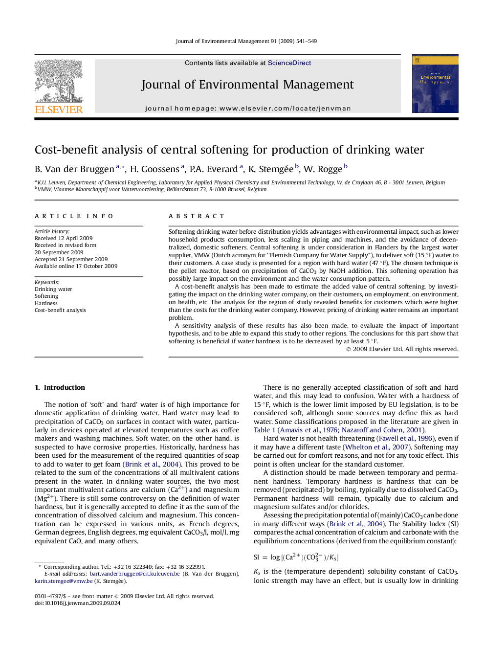 Cost-benefit analysis of central softening for production of drinking water