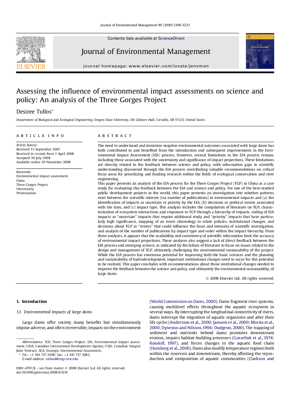 Assessing the influence of environmental impact assessments on science and policy: An analysis of the Three Gorges Project