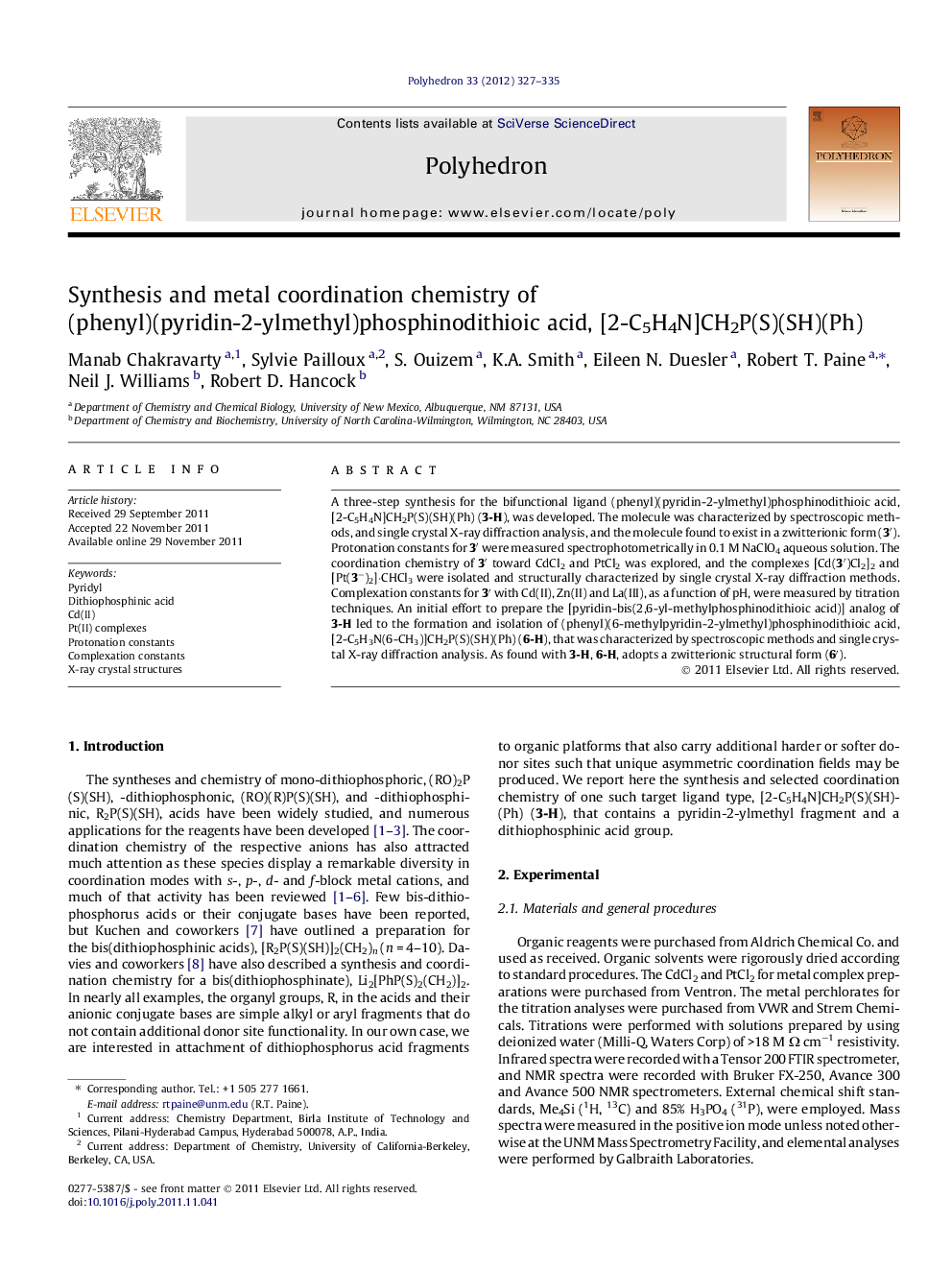 Synthesis and metal coordination chemistry of (phenyl)(pyridin-2-ylmethyl)phosphinodithioic acid, [2-C5H4N]CH2P(S)(SH)(Ph)