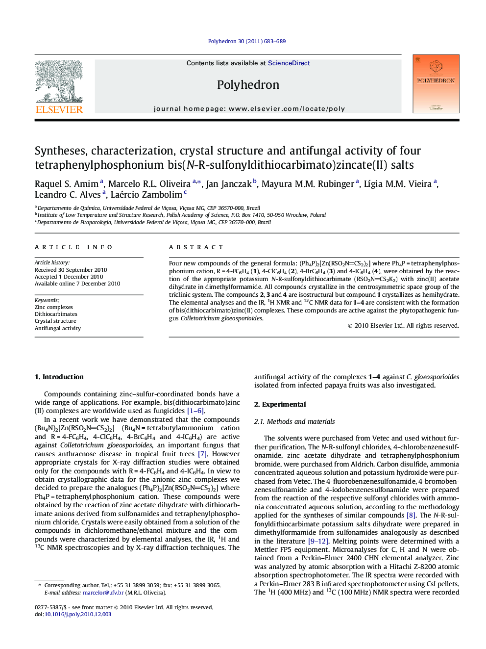 Syntheses, characterization, crystal structure and antifungal activity of four tetraphenylphosphonium bis(N-R-sulfonyldithiocarbimato)zincate(II) salts