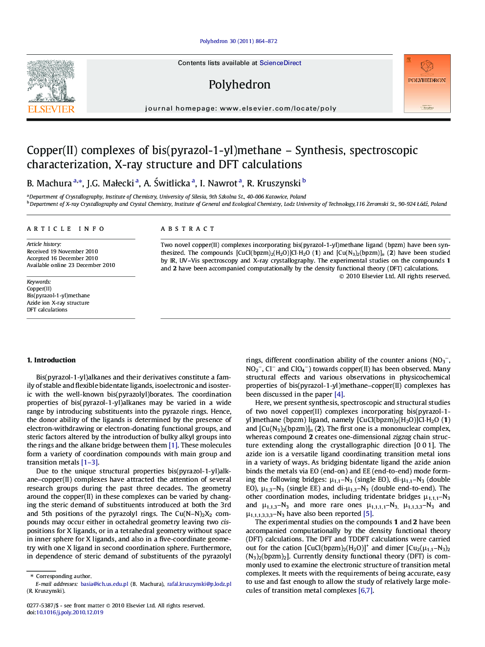 Copper(II) complexes of bis(pyrazol-1-yl)methane - Synthesis, spectroscopic characterization, X-ray structure and DFT calculations