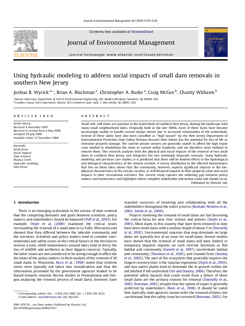 Using hydraulic modeling to address social impacts of small dam removals in southern New Jersey