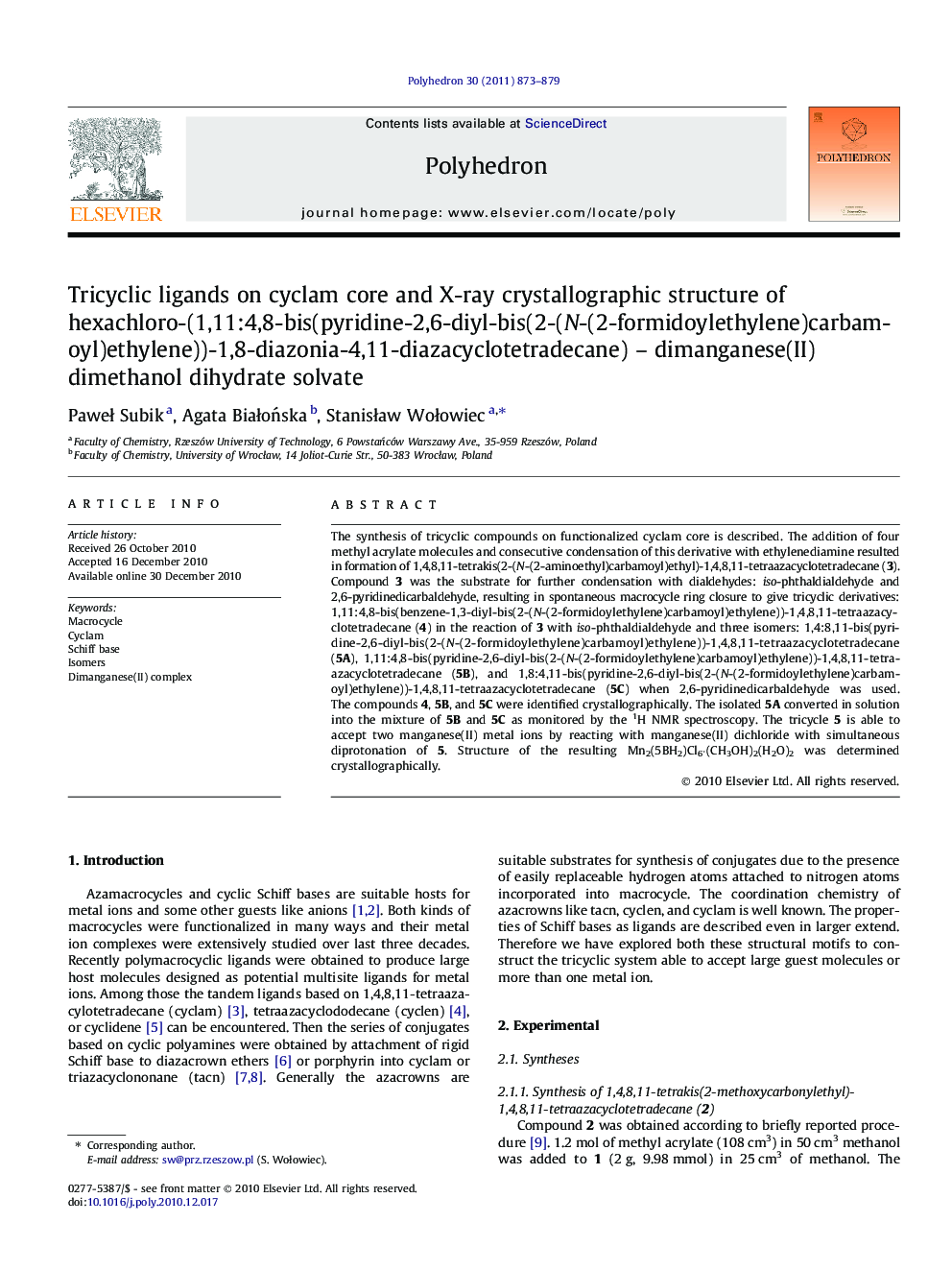 Tricyclic ligands on cyclam core and X-ray crystallographic structure of hexachloro-(1,11:4,8-bis(pyridine-2,6-diyl-bis(2-(N-(2-formidoylethylene)carbamoyl)ethylene))-1,8-diazonia-4,11-diazacyclotetradecane) - dimanganese(II) dimethanol dihydrate solvate