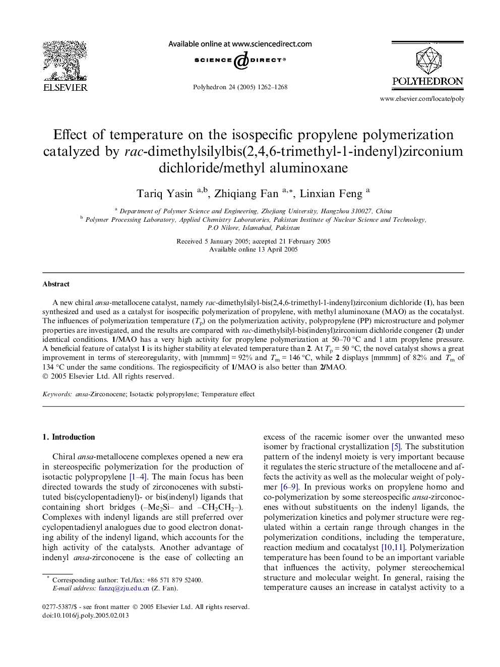 Effect of temperature on the isospecific propylene polymerization catalyzed by rac-dimethylsilylbis(2,4,6-trimethyl-1-indenyl)zirconium dichloride/methyl aluminoxane