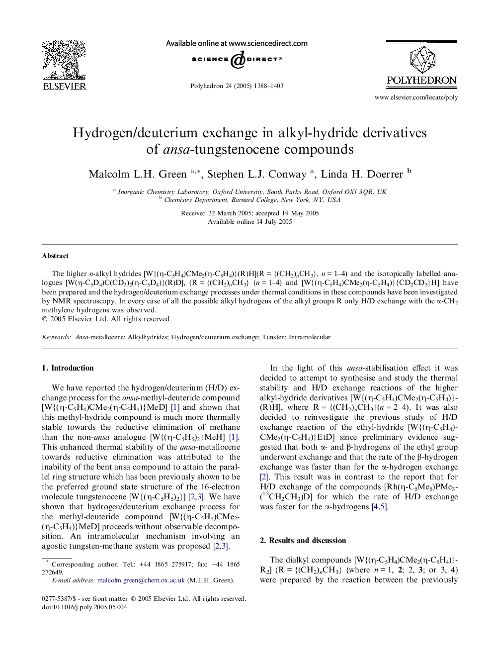 Hydrogen/deuterium exchange in alkyl-hydride derivatives of ansa-tungstenocene compounds