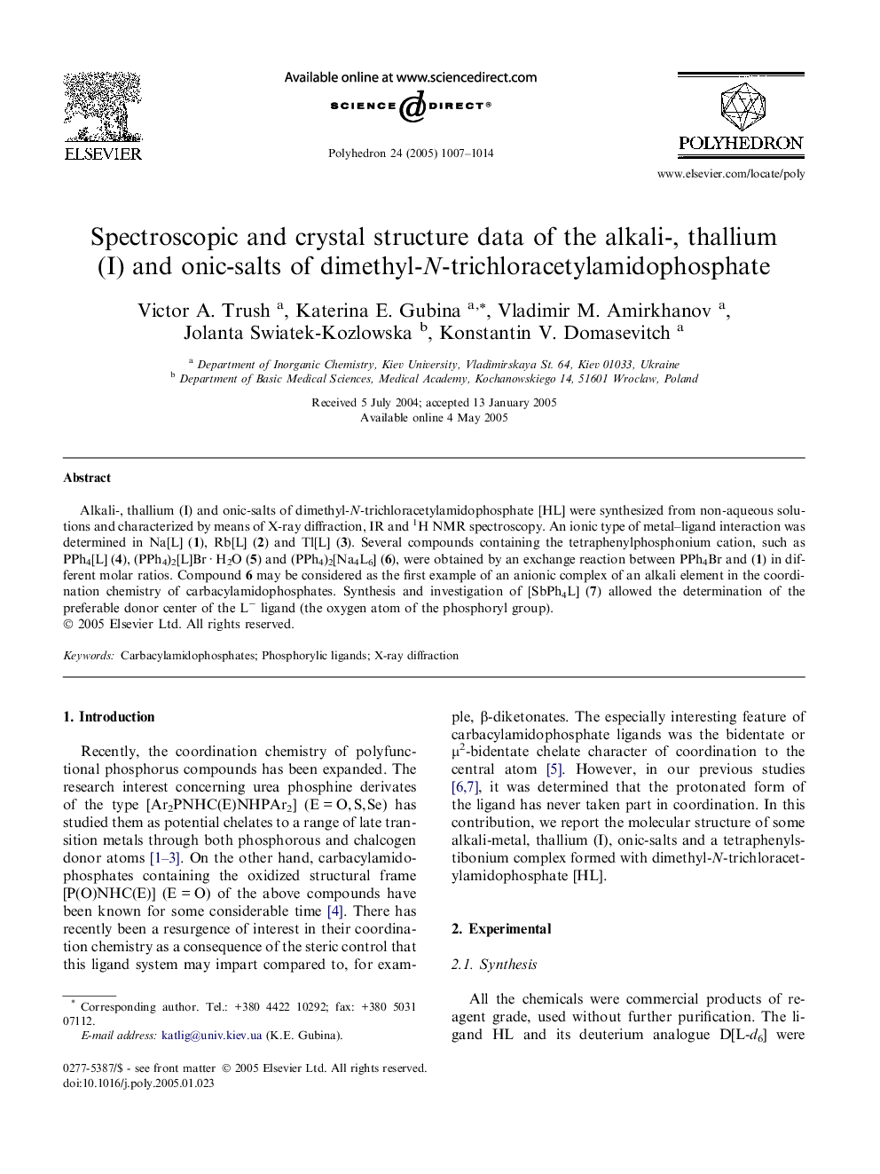 Spectroscopic and crystal structure data of the alkali-, thallium (I) and onic-salts of dimethyl-N-trichloracetylamidophosphate