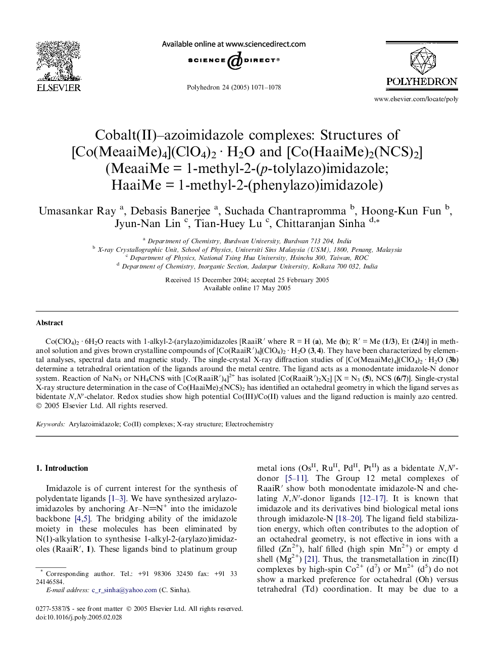 Cobalt(II)-azoimidazole complexes: Structures of [Co(MeaaiMe)4](ClO4)2Â Â·Â H2O and [Co(HaaiMe)2(NCS)2] (MeaaiMeÂ =Â 1-methyl-2-(p-tolylazo)imidazole; HaaiMeÂ =Â 1-methyl-2-(phenylazo)imidazole)