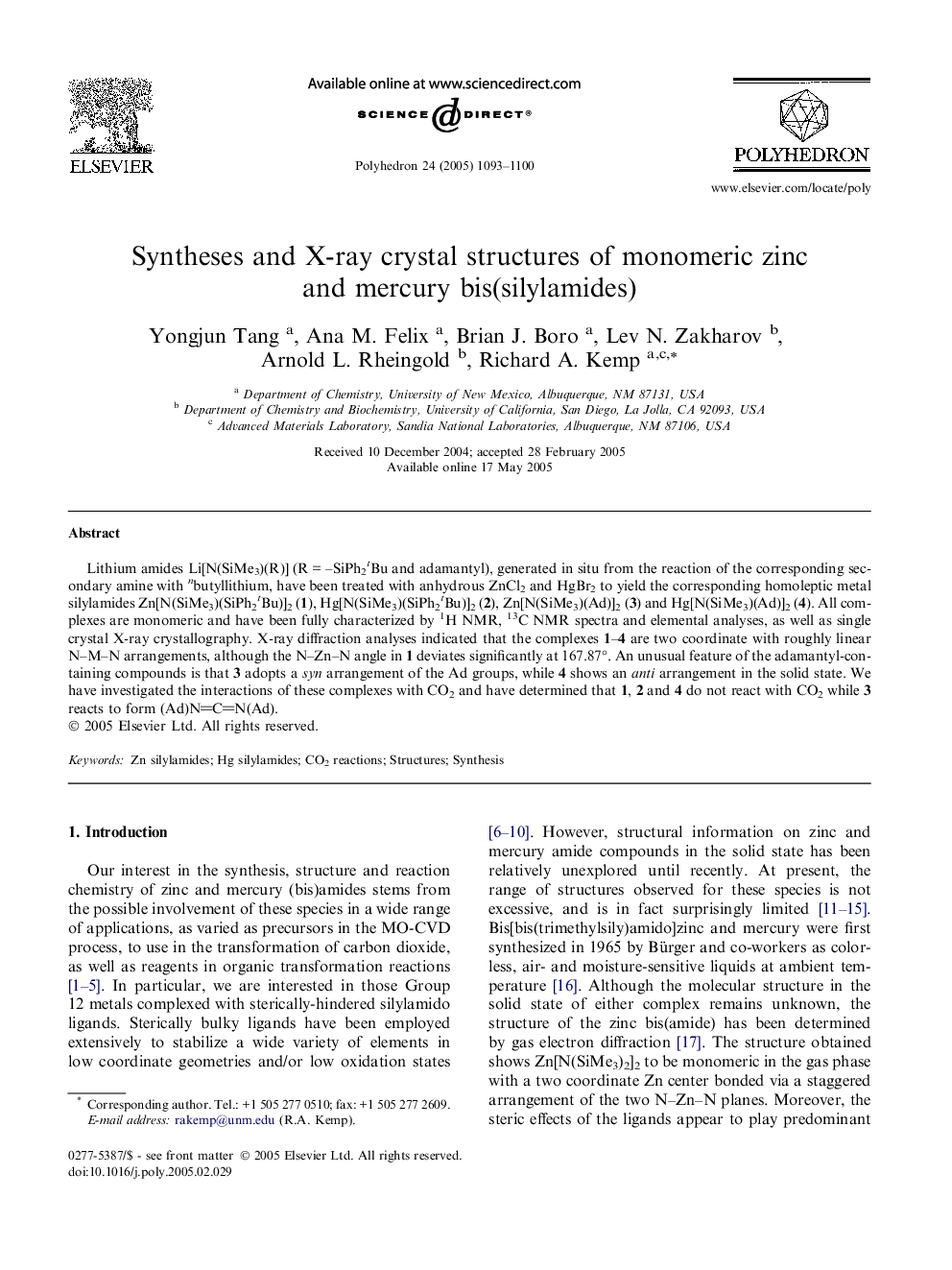 Syntheses and X-ray crystal structures of monomeric zinc and mercury bis(silylamides)