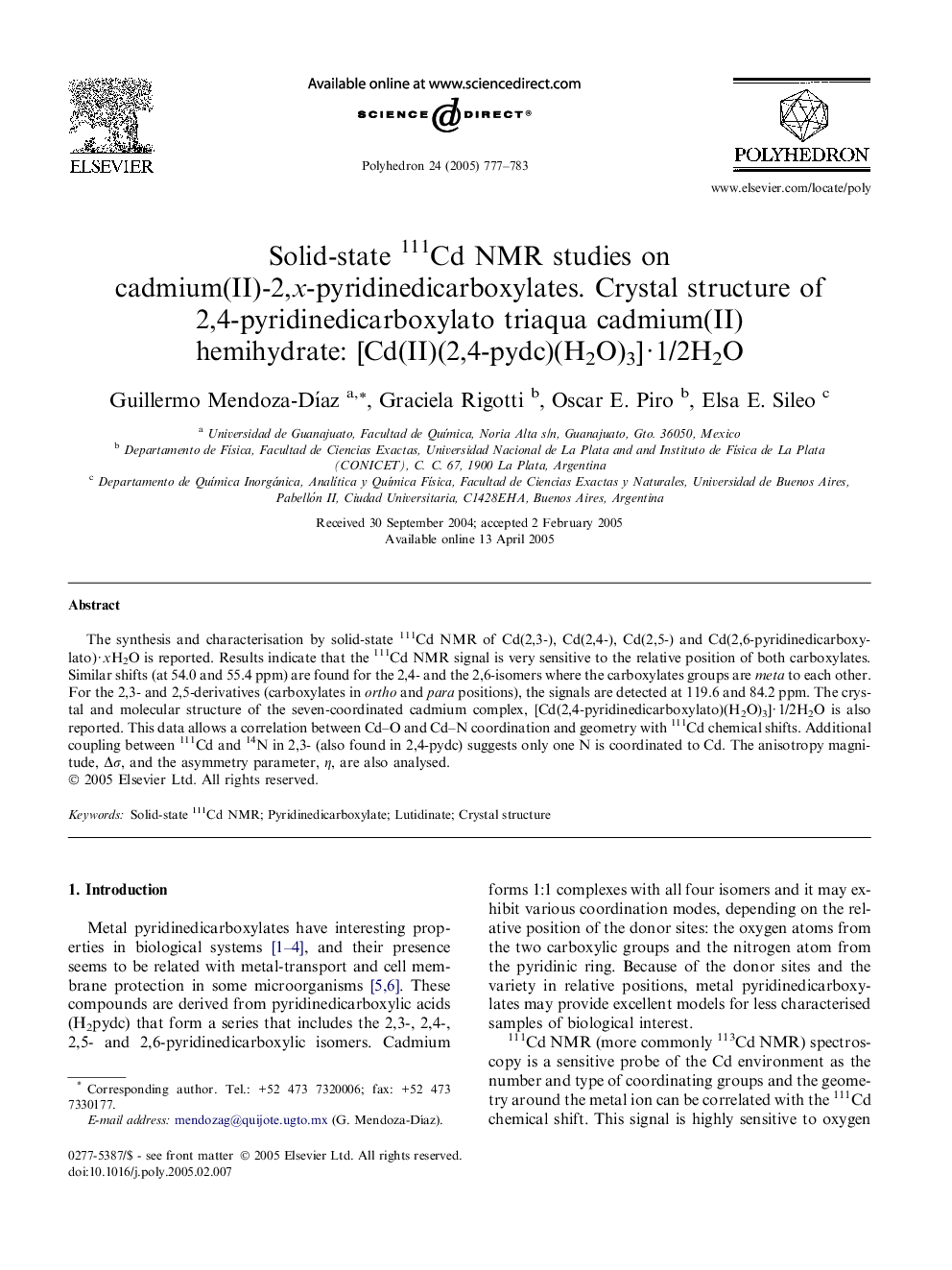 Solid-state 111Cd NMR studies on cadmium(II)-2,x-pyridinedicarboxylates. Crystal structure of 2,4-pyridinedicarboxylato triaqua cadmium(II) hemihydrate: [Cd(II)(2,4-pydc)(H2O)3]Â Â·Â 1/2H2O