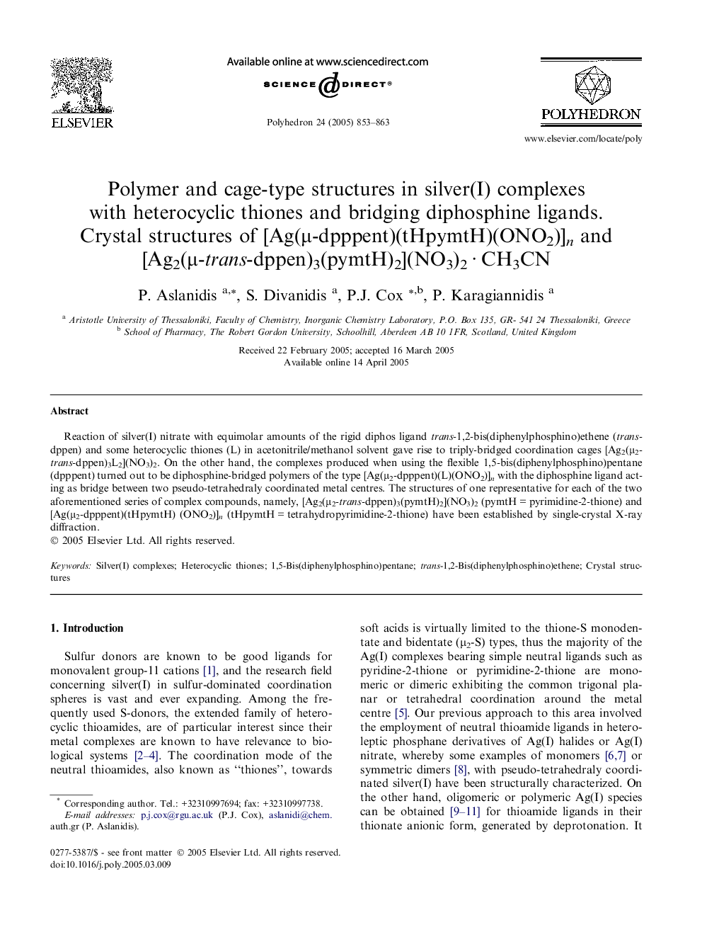 Polymer and cage-type structures in silver(I) complexes with heterocyclic thiones and bridging diphosphine ligands. Crystal structures of [Ag(Î¼-dpppent)(tHpymtH)(ONO2)]n and [Ag2(Î¼-trans-dppen)3(pymtH)2](NO3)2Â Â·Â CH3CN