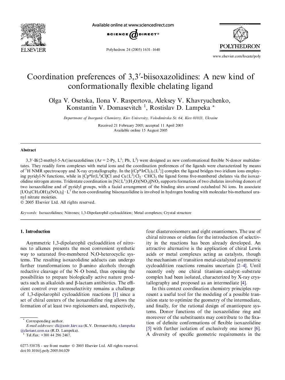 Coordination preferences of 3,3â²-biisoxazolidines: A new kind of conformationally flexible chelating ligand