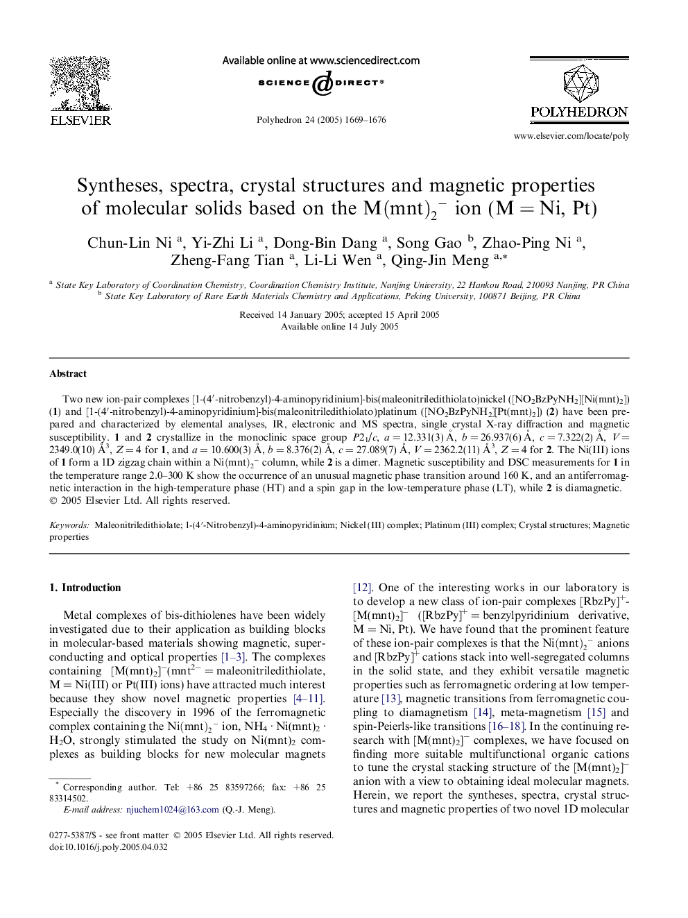 Syntheses, spectra, crystal structures and magnetic properties of molecular solids based on the M(mnt)2- ion (MÂ =Â Ni, Pt)