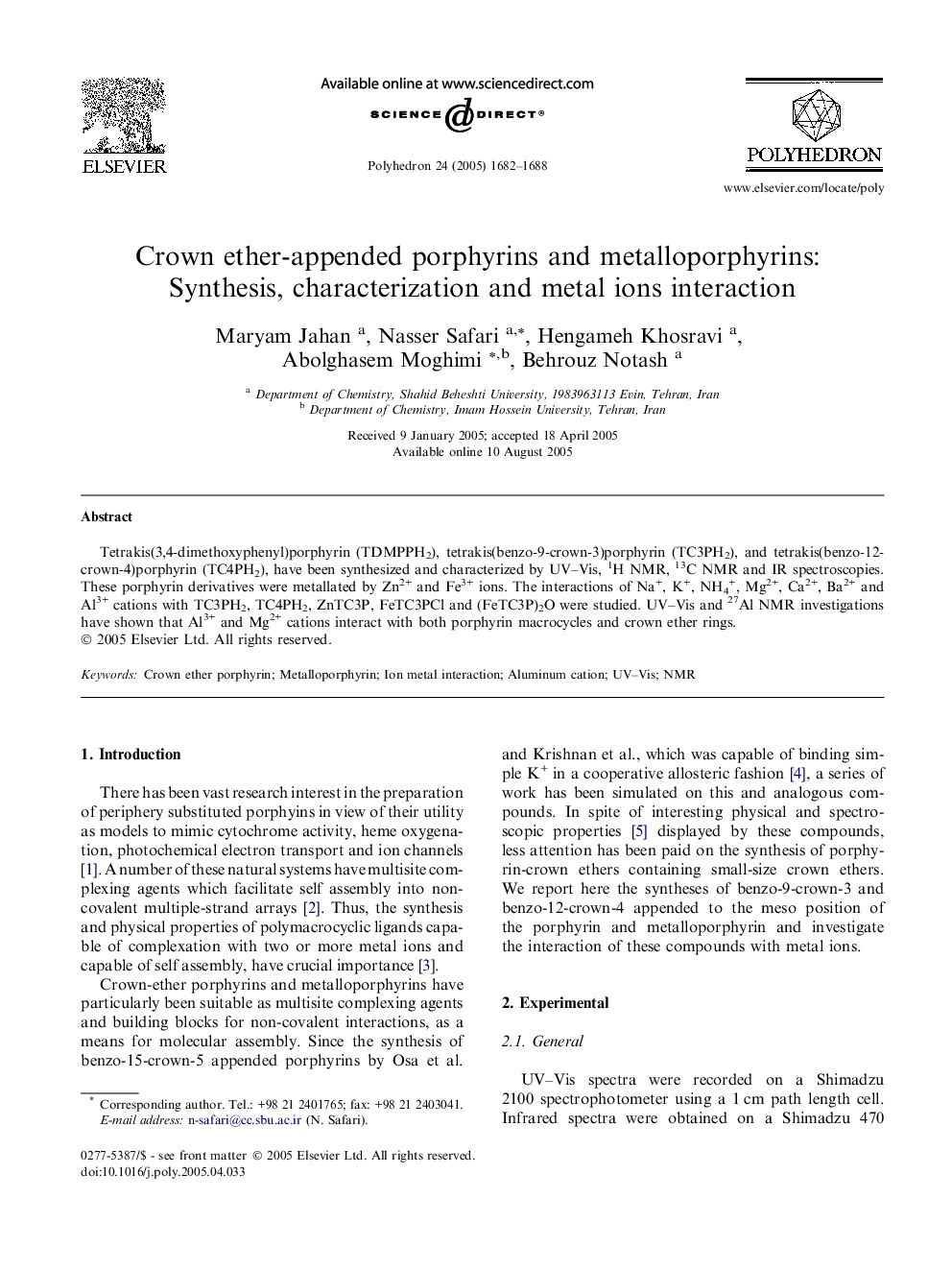 Crown ether-appended porphyrins and metalloporphyrins: Synthesis, characterization and metal ions interaction