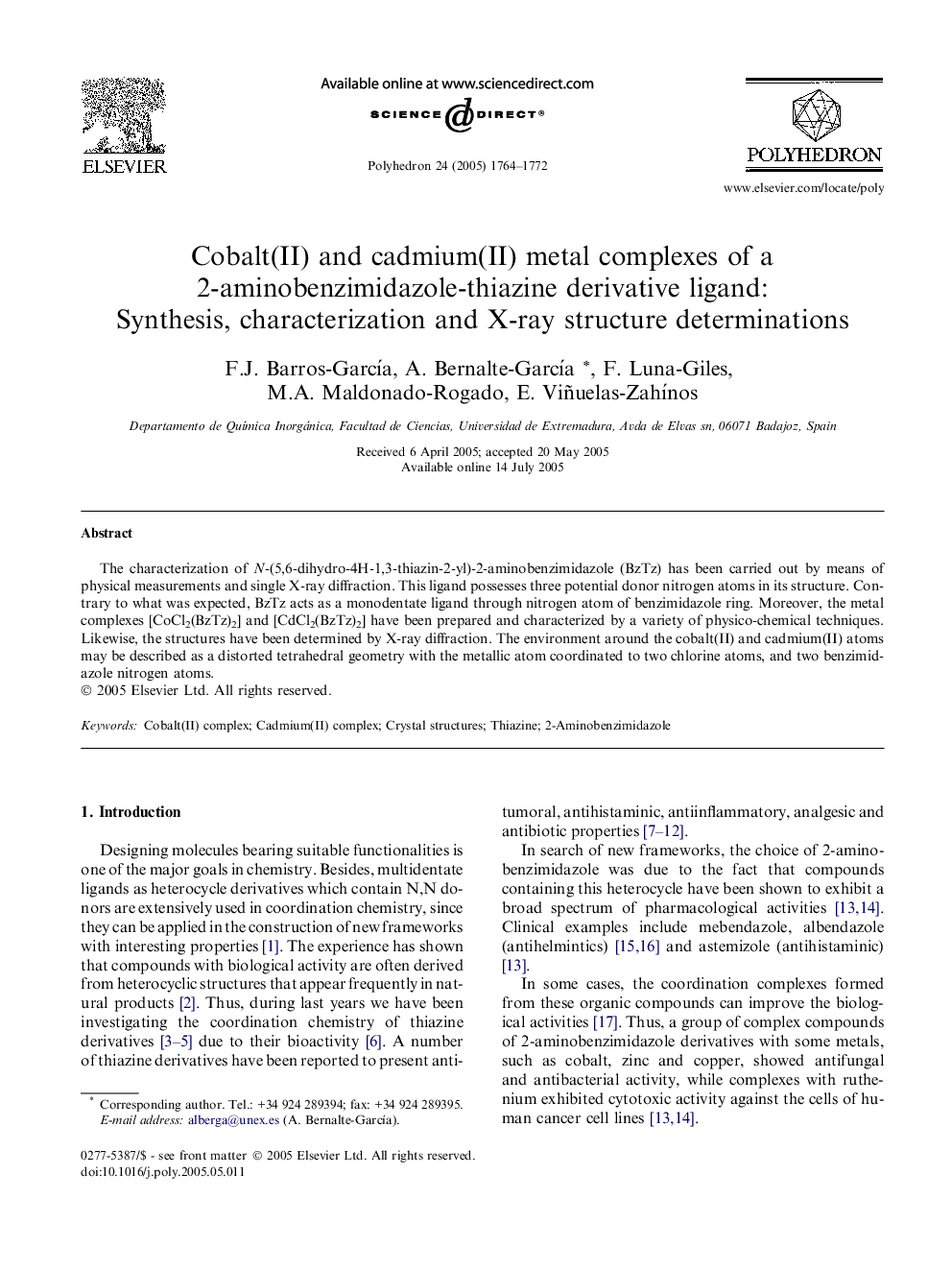 Cobalt(II) and cadmium(II) metal complexes of a 2-aminobenzimidazole-thiazine derivative ligand. Synthesis, characterization and X-ray structure determinations