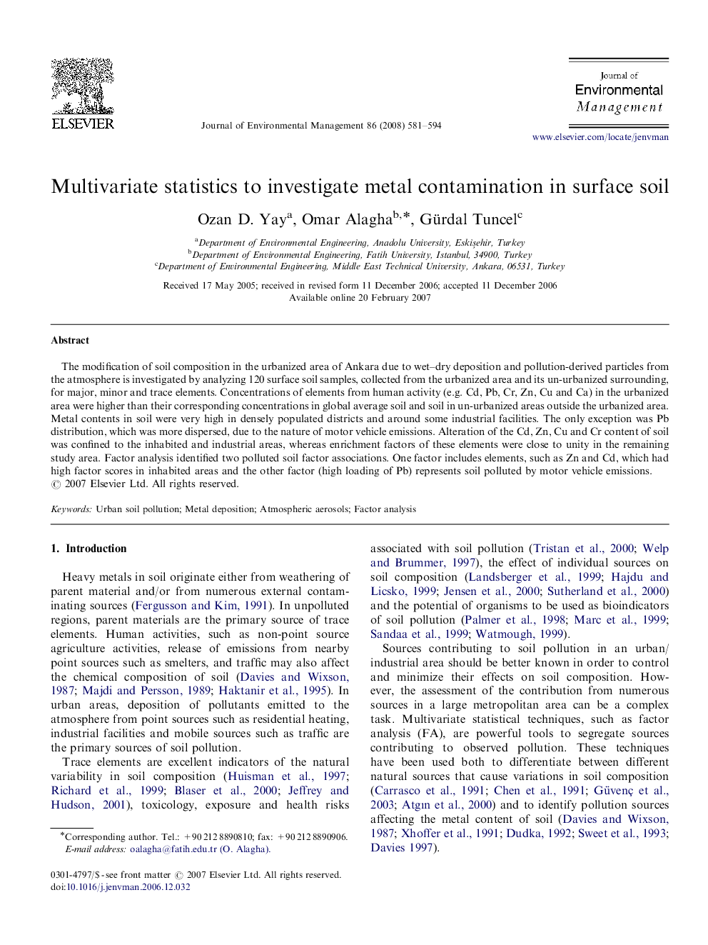 Multivariate statistics to investigate metal contamination in surface soil