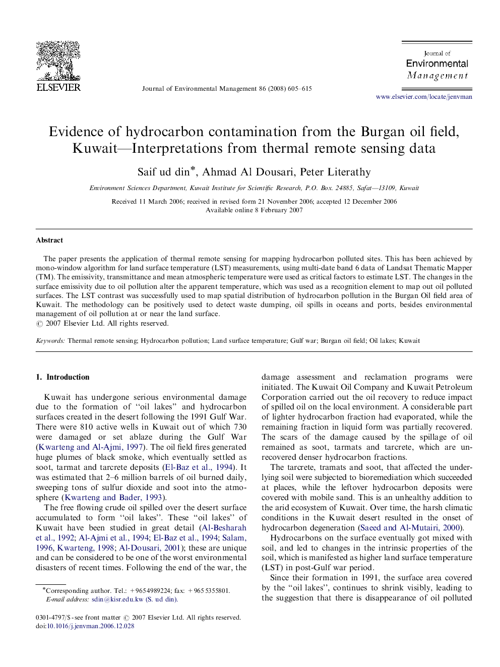 Evidence of hydrocarbon contamination from the Burgan oil field, Kuwait—Interpretations from thermal remote sensing data