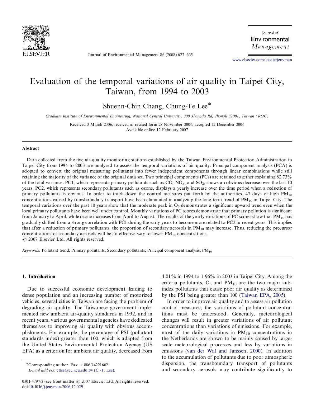 Evaluation of the temporal variations of air quality in Taipei City, Taiwan, from 1994 to 2003