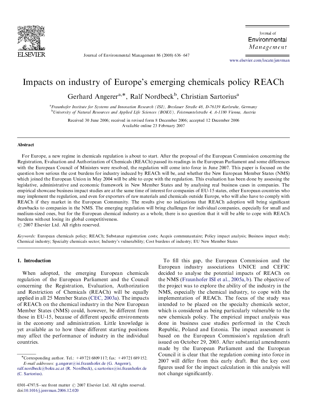 Impacts on industry of Europe's emerging chemicals policy REACh