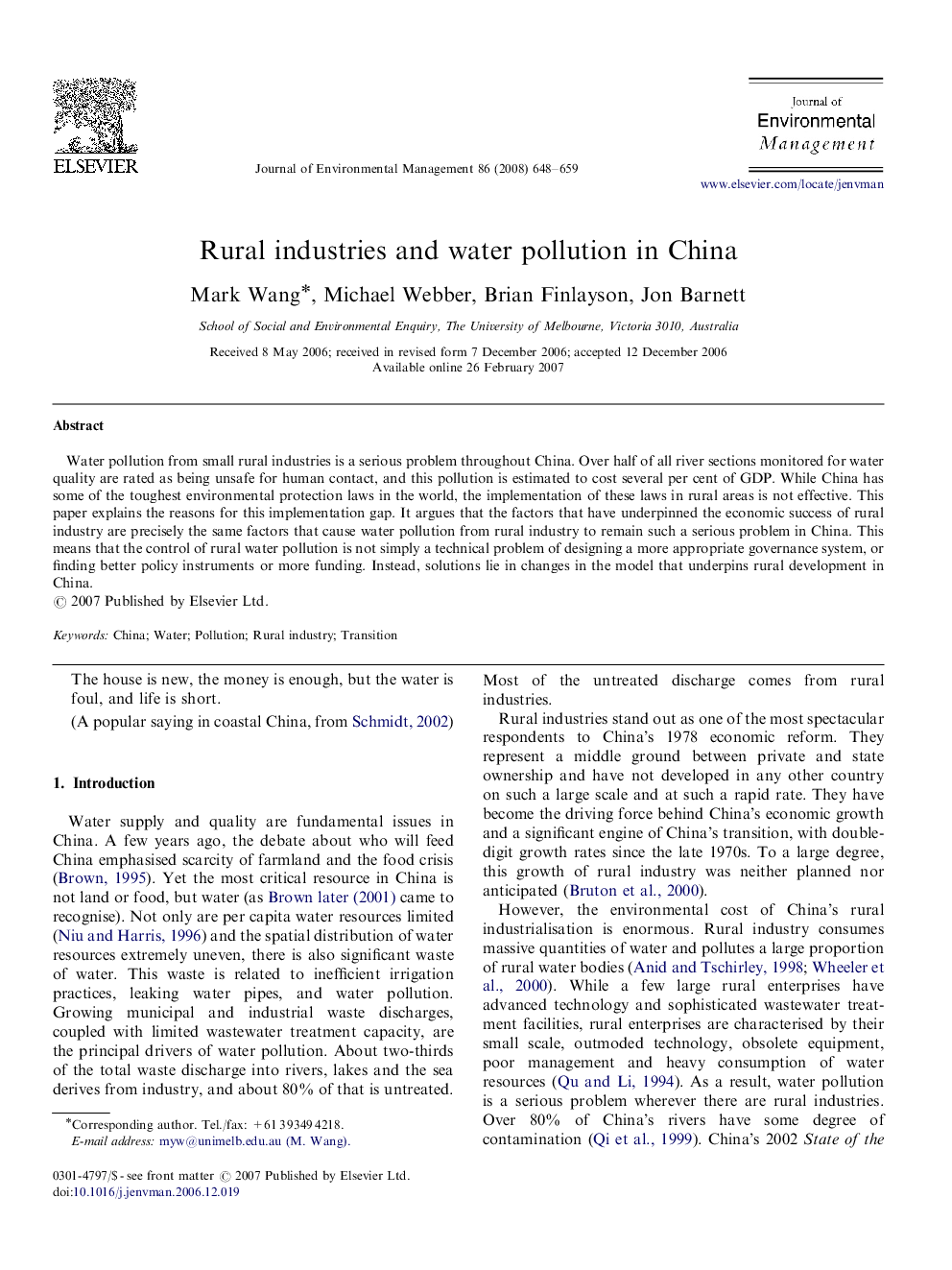 Rural industries and water pollution in China