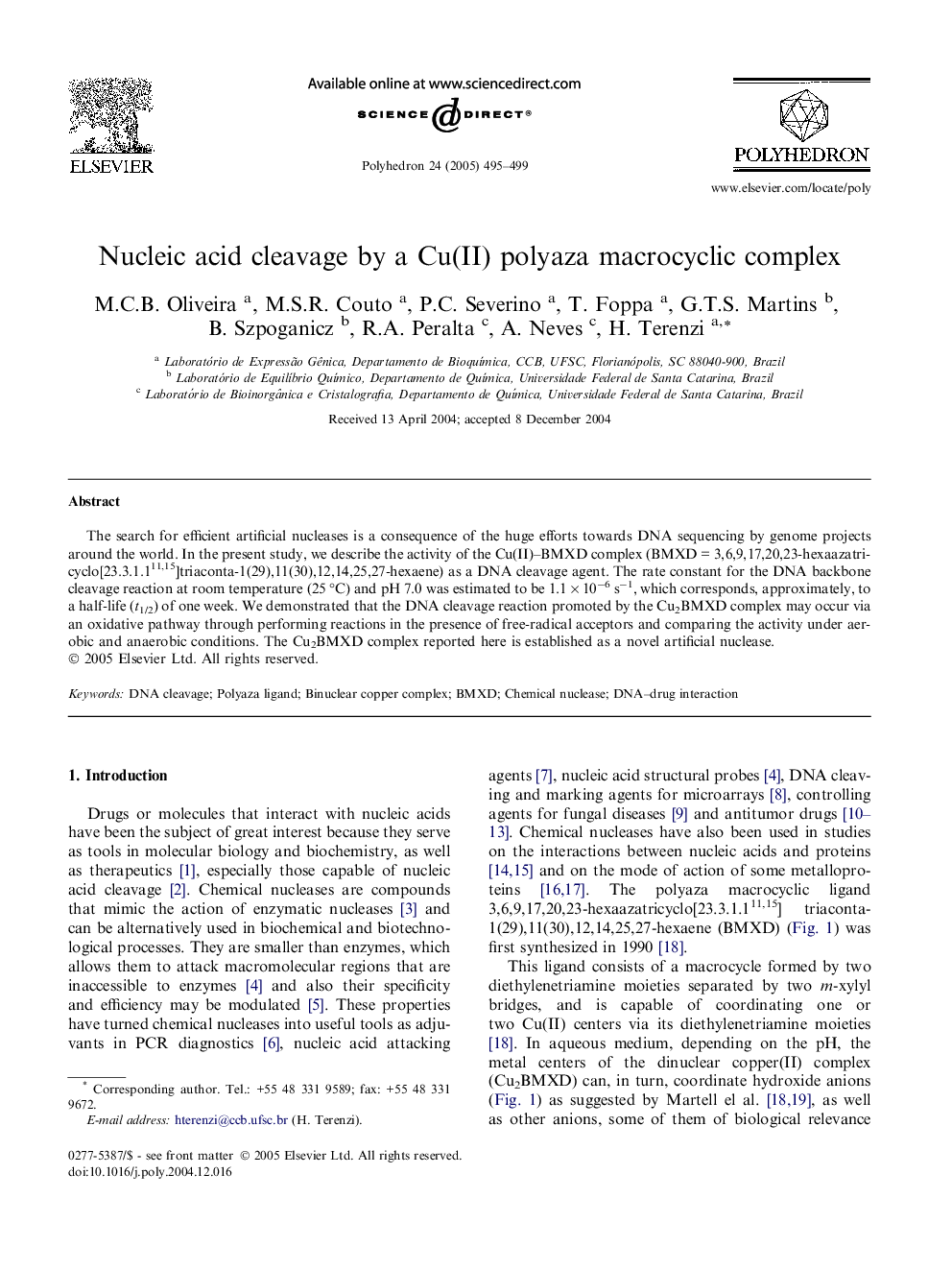 عکس صفحه اول مقاله: Nucleic acid cleavage by a Cu(II) polyaza macrocyclic complex Nucleic acid cleavage by a Cu(II) polyaza macrocyclic complex