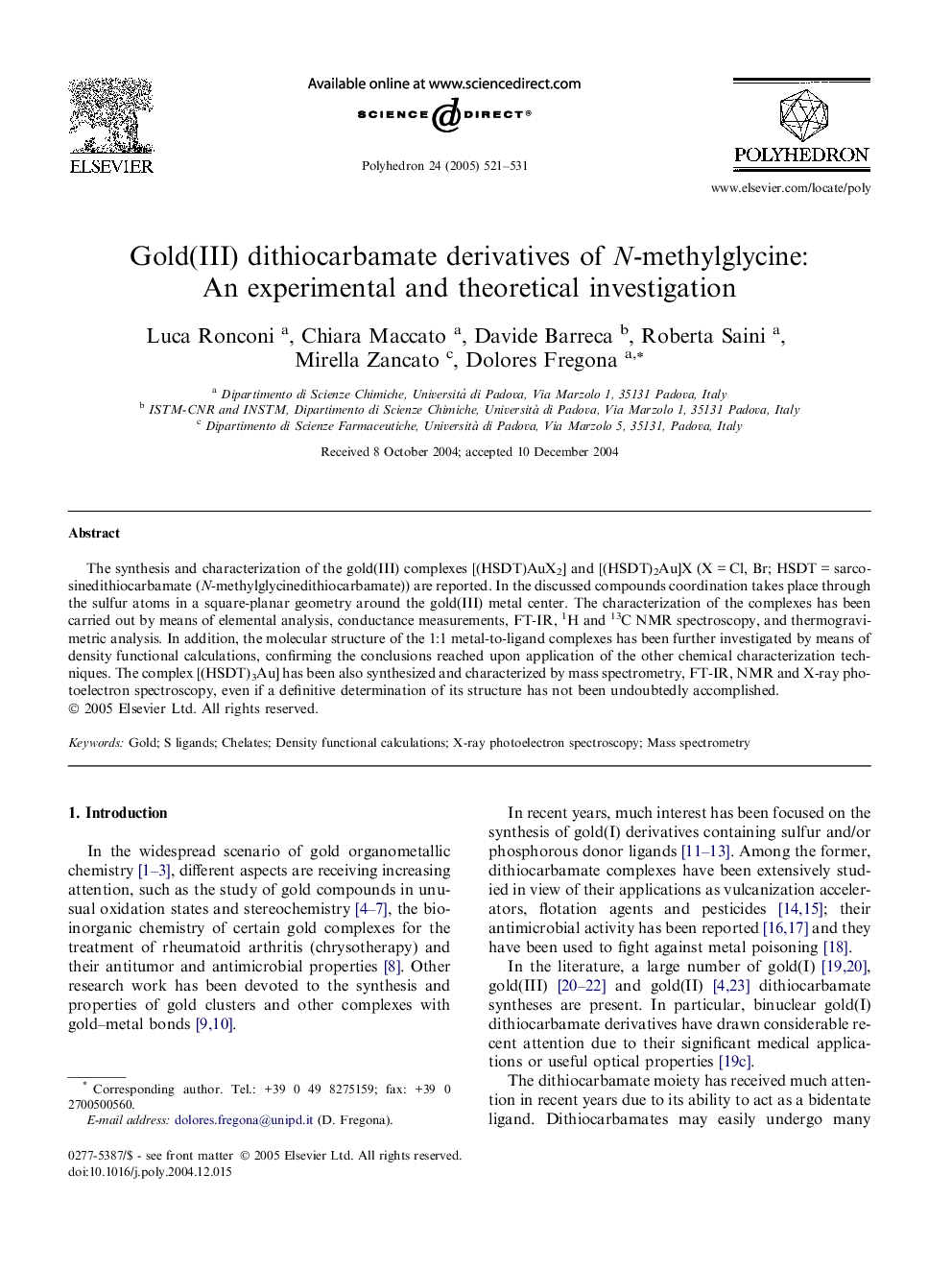 Gold(III) dithiocarbamate derivatives of N-methylglycine: An experimental and theoretical investigation