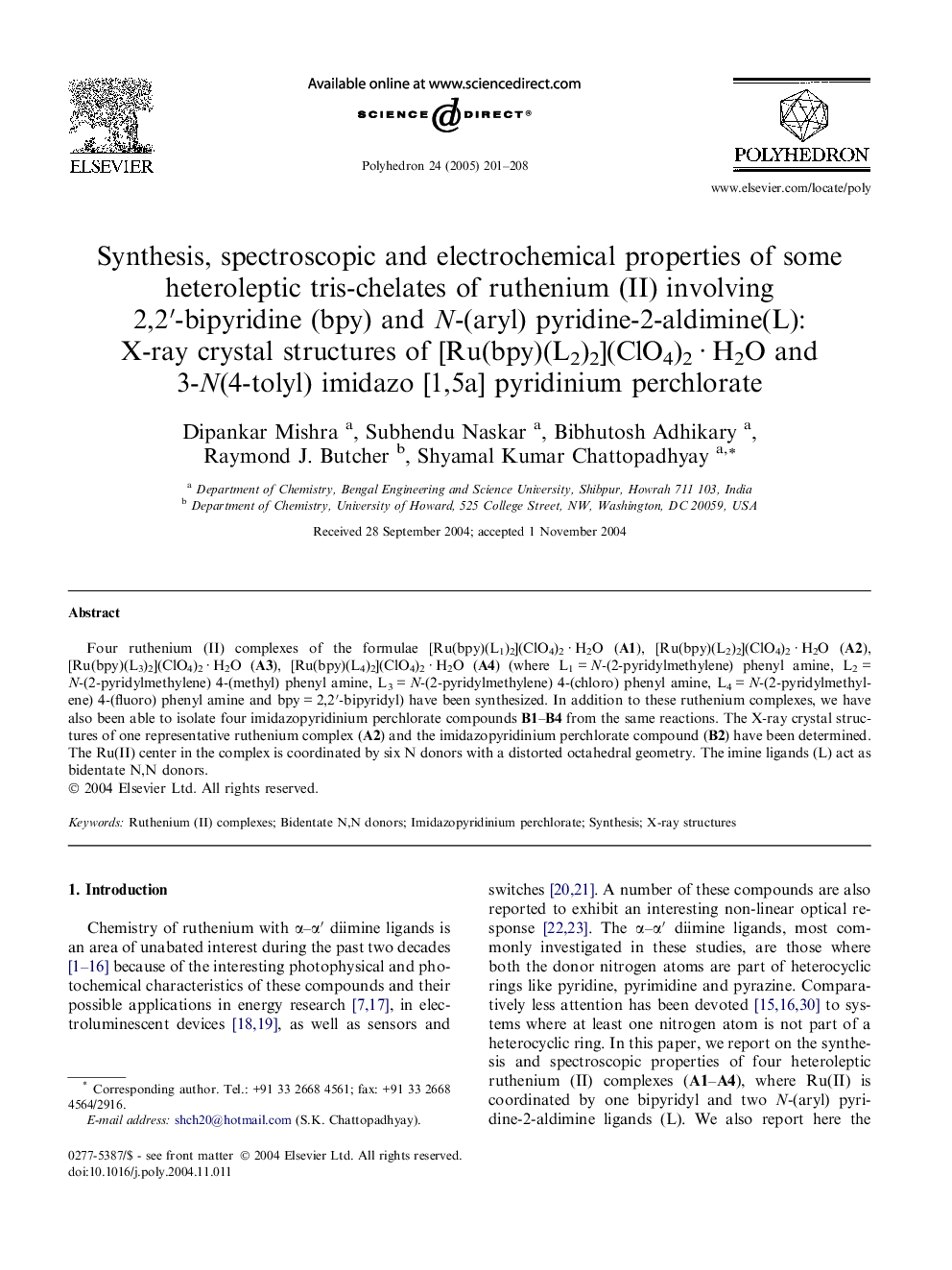 Synthesis, spectroscopic and electrochemical properties of some heteroleptic tris-chelates of ruthenium (II) involving 2,2â²-bipyridine (bpy) and N-(aryl) pyridine-2-aldimine(L): X-ray crystal structures of [Ru(bpy)(L2)2](ClO4)2Â Â·Â H2O and 3-N(4-tolyl)