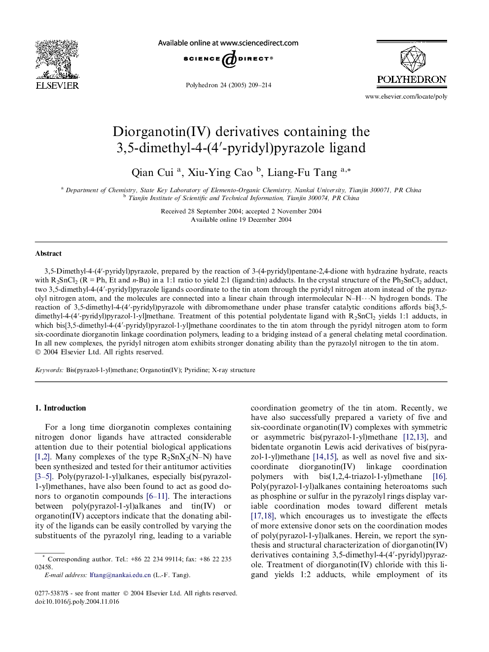 Diorganotin(IV) derivatives containing the 3,5-dimethyl-4-(4â²-pyridyl)pyrazole ligand