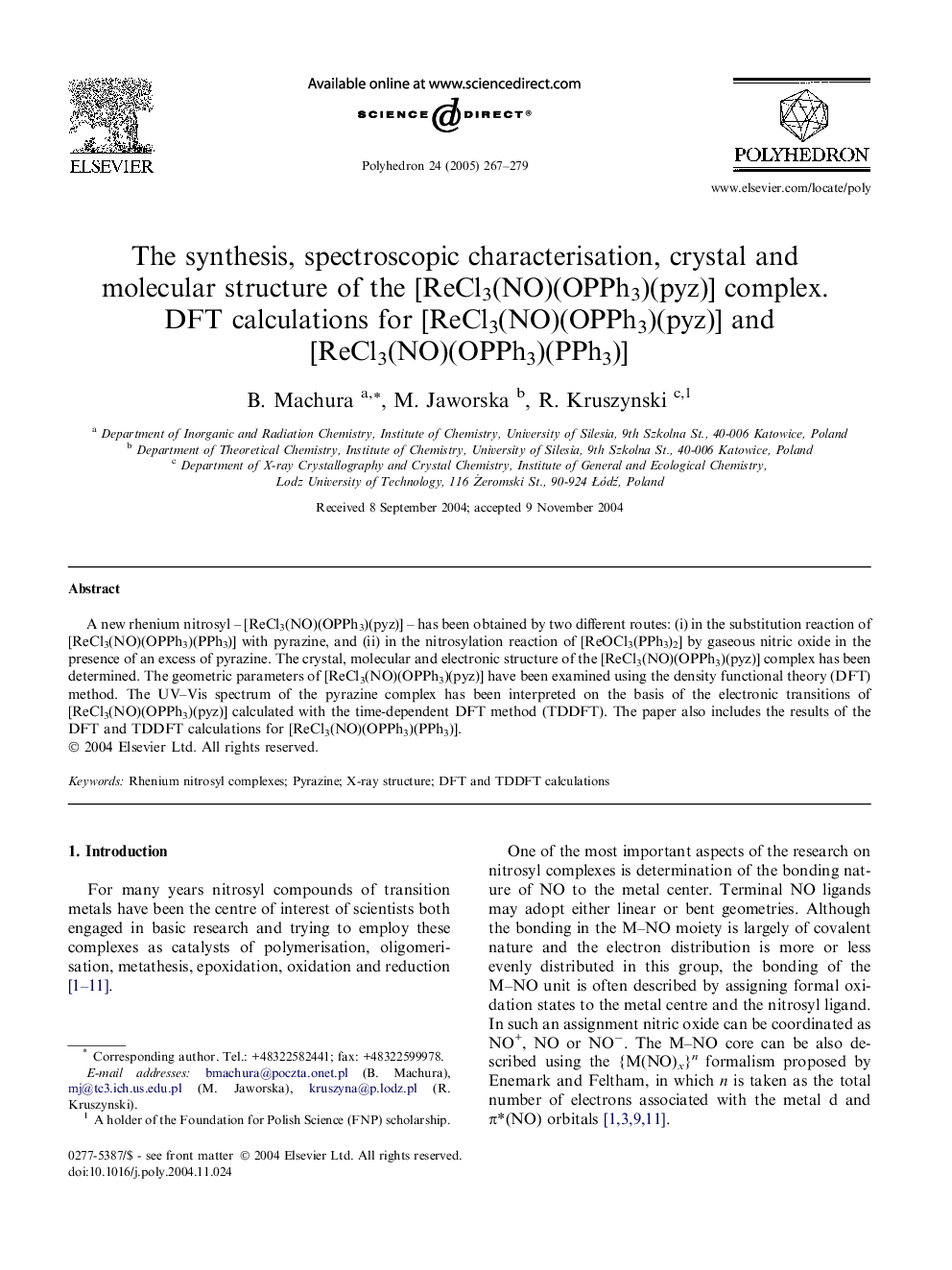The synthesis, spectroscopic characterisation, crystal and molecular structure of the [ReCl3(NO)(OPPh3)(pyz)] complex. DFT calculations for [ReCl3(NO)(OPPh3)(pyz)] and [ReCl3(NO)(OPPh3)(PPh3)]