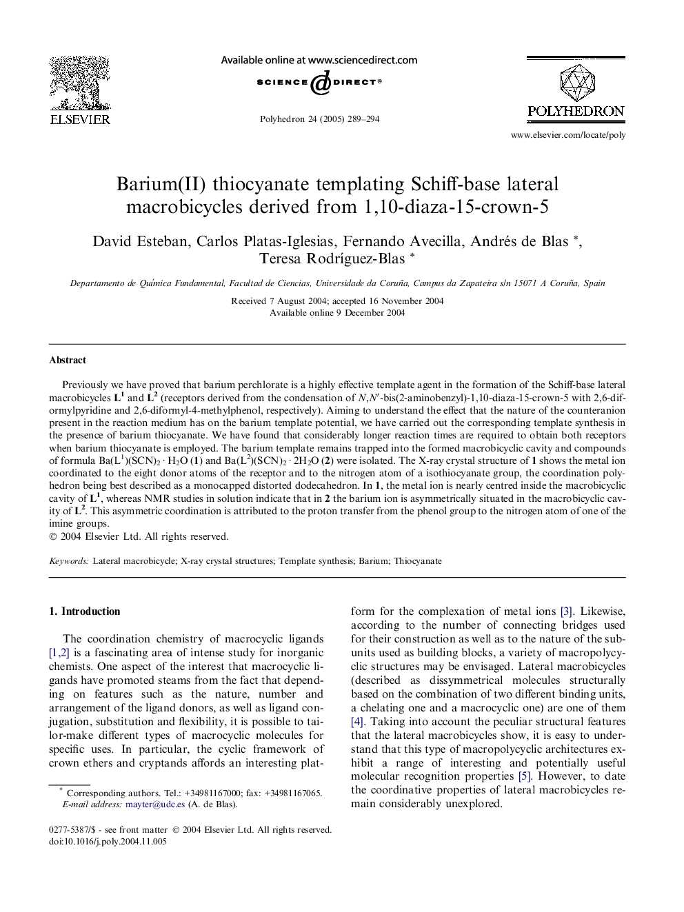 Barium(II) thiocyanate templating Schiff-base lateral macrobicycles derived from 1,10-diaza-15-crown-5